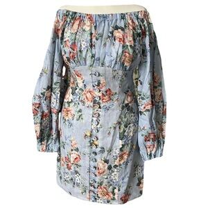 ZIMMERMANN Blue Floral Boho Print Off the Shoulder Puff Sleeve Bowie Dress